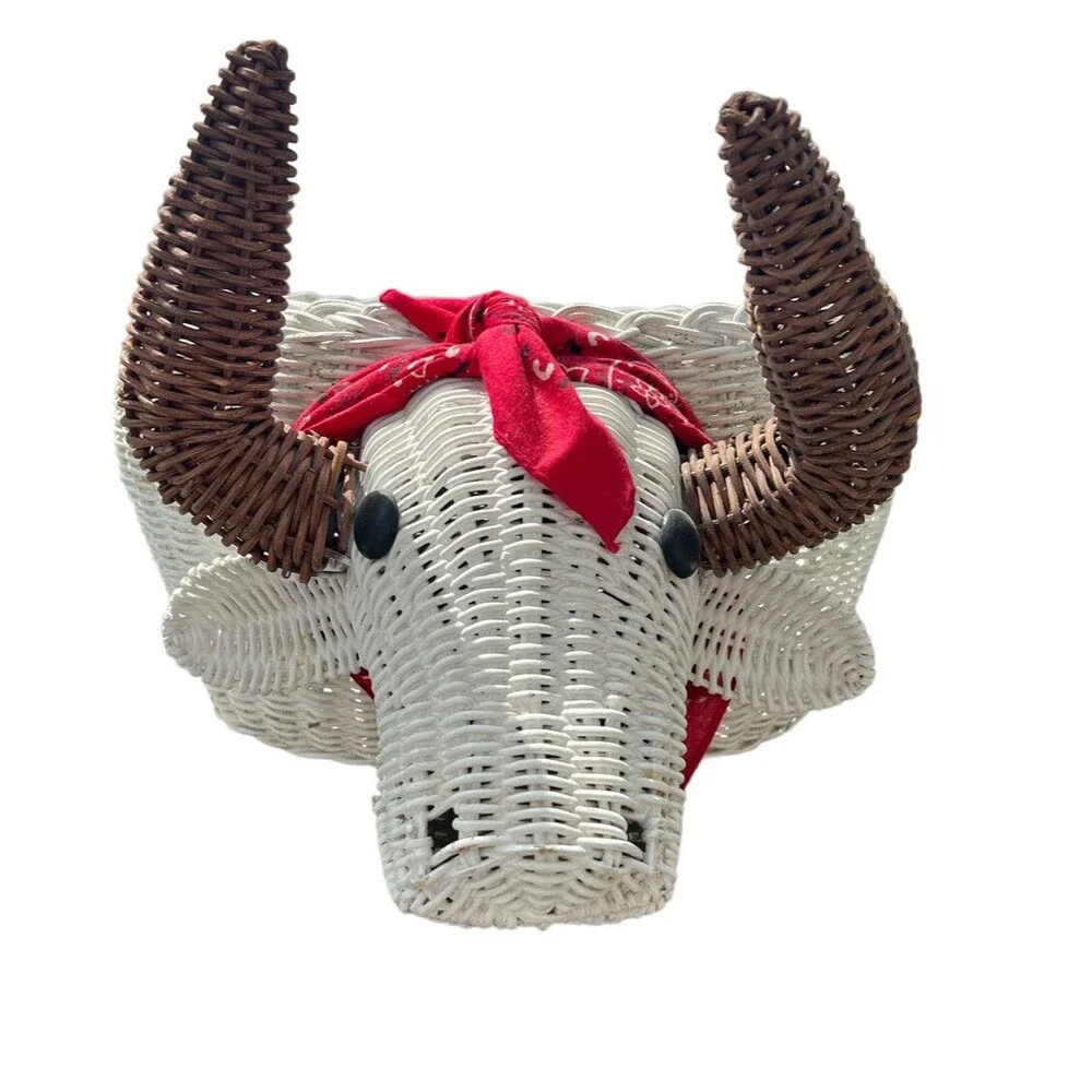 Vtg Bull Head‎ Wicker Basket Home Decor White Western Figural Horns